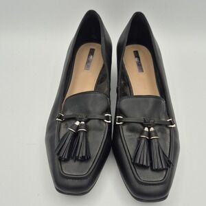Tahari Black Leather Tassle Loafers Women 9.5M Square Toe Slip On Dress Flats